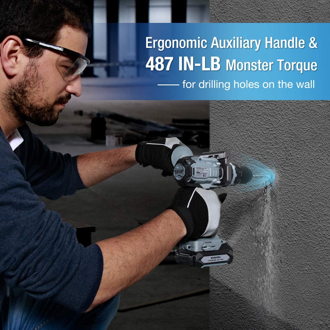 Cordless drill driver with auxiliary handle drilling holes in a wall surface