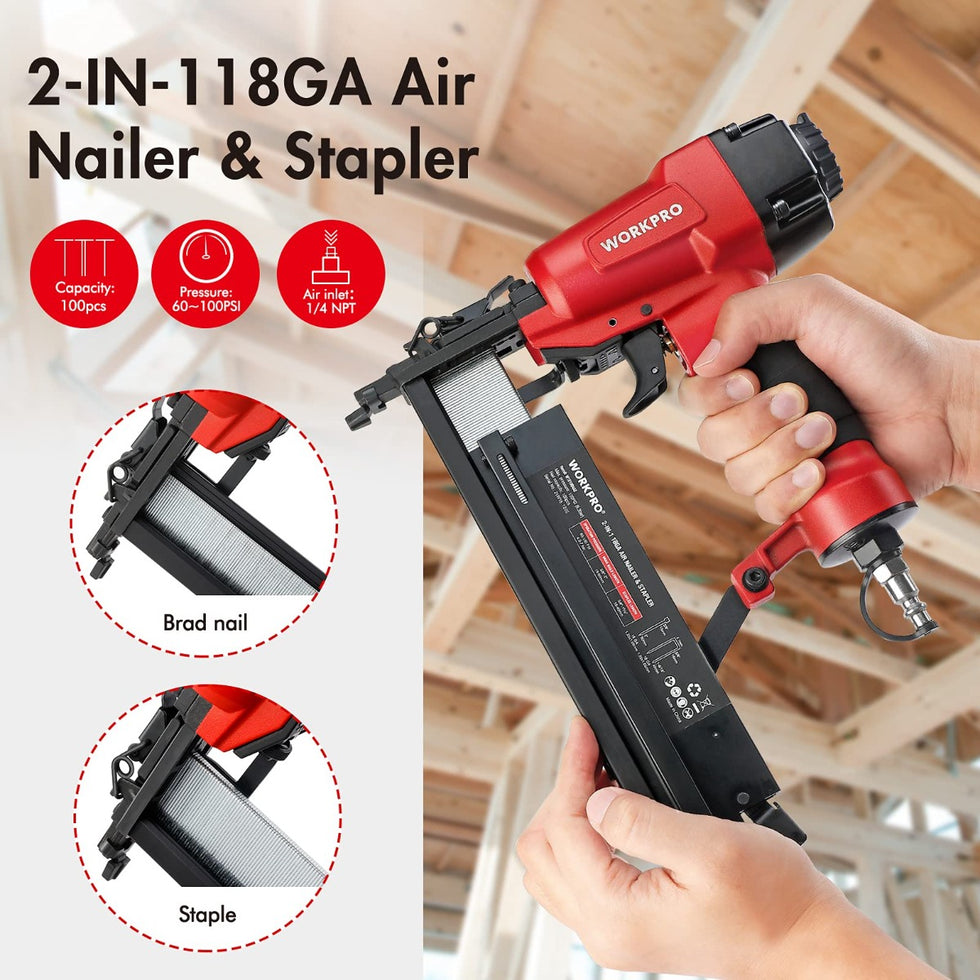 WORKPRO Pneumatic 2 in 1 Brad Nailer with 400pcs Nails/ 300 Pcs Staple ...
