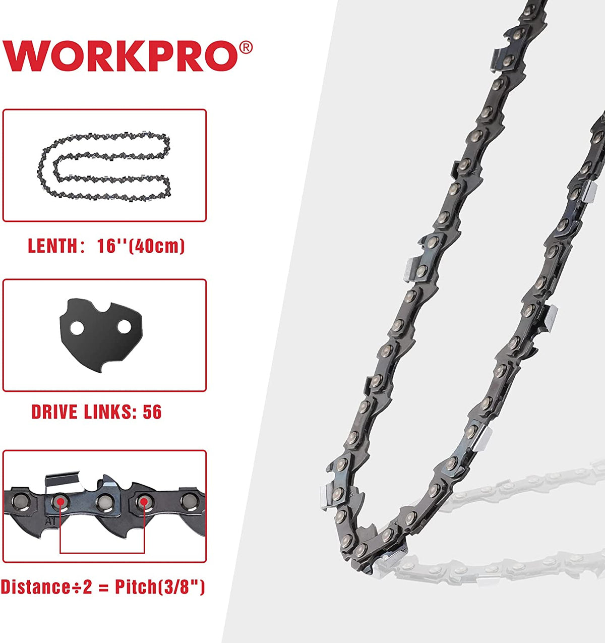 WORKPRO 16 in chainsaw chain, 3/8 in pitch, 56 drive links, wood cutting