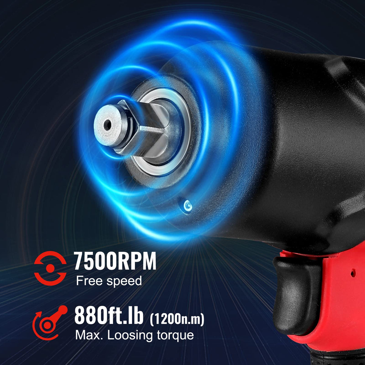 Black and red 1/2 in air impact wrench with glowing airflow around the anvil