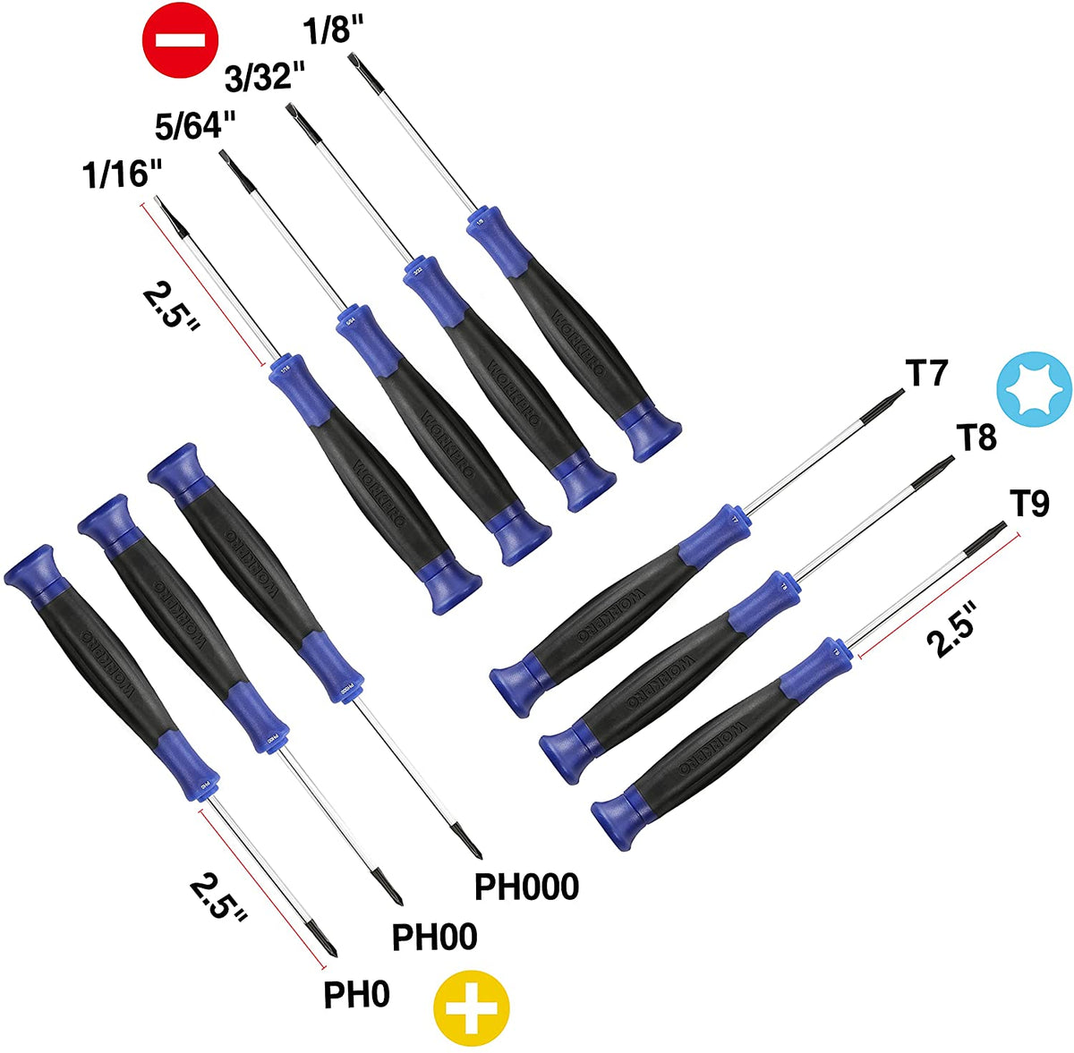 Precision screwdriver set with 10 black-and-blue handles, PH and Torx tip sizes shown
