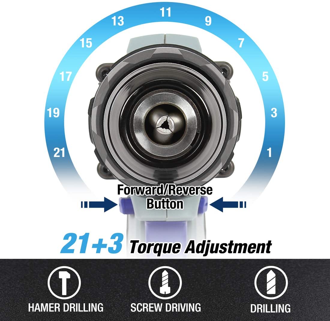 Cordless drill driver with front clutch ring, forward/reverse button, and torque settings