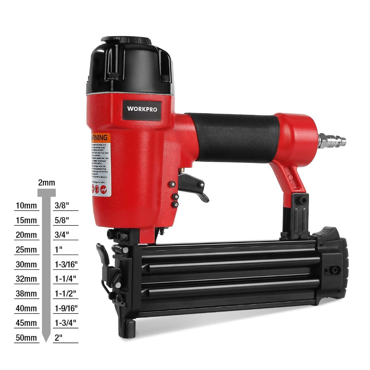 Red and black 18-gauge pneumatic brad nailer with front contact nose
