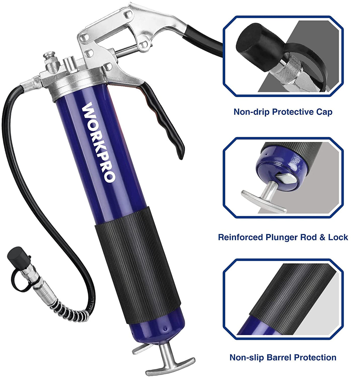 WORKPRO grease gun with non-drip protective cap and reinforced plunger rod, blue and black