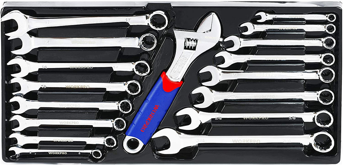 Open tool tray with chrome wrenches and hex sockets on a black base