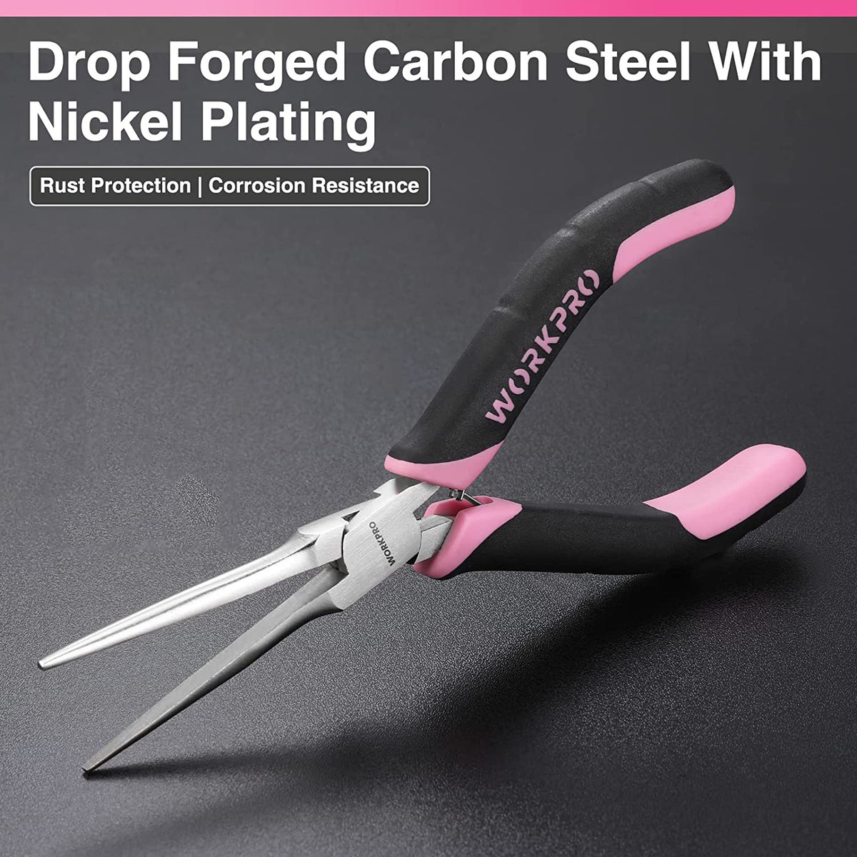 WORKPRO mini needle-nose pliers with pink-and-black handles and pointed jaws