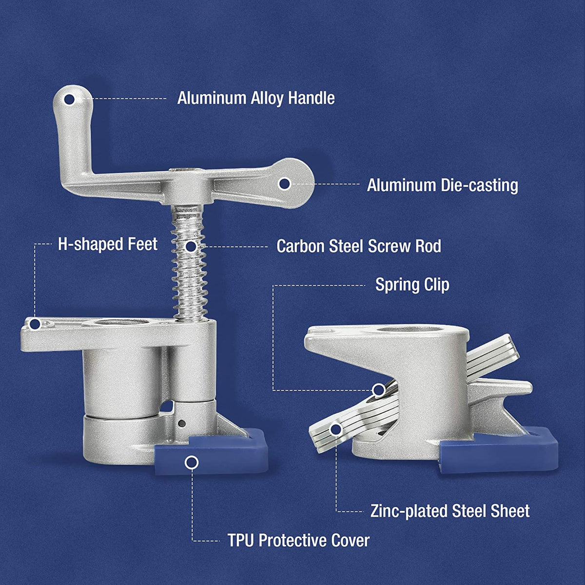 Metal pipe clamp with H-shaped feet, spring clip, and protective TPU cover