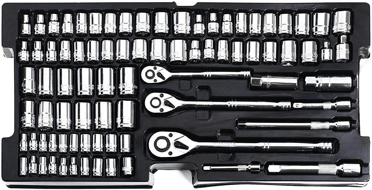 Mechanics tool set tray with rows of chrome socket wrench bits and ratchets