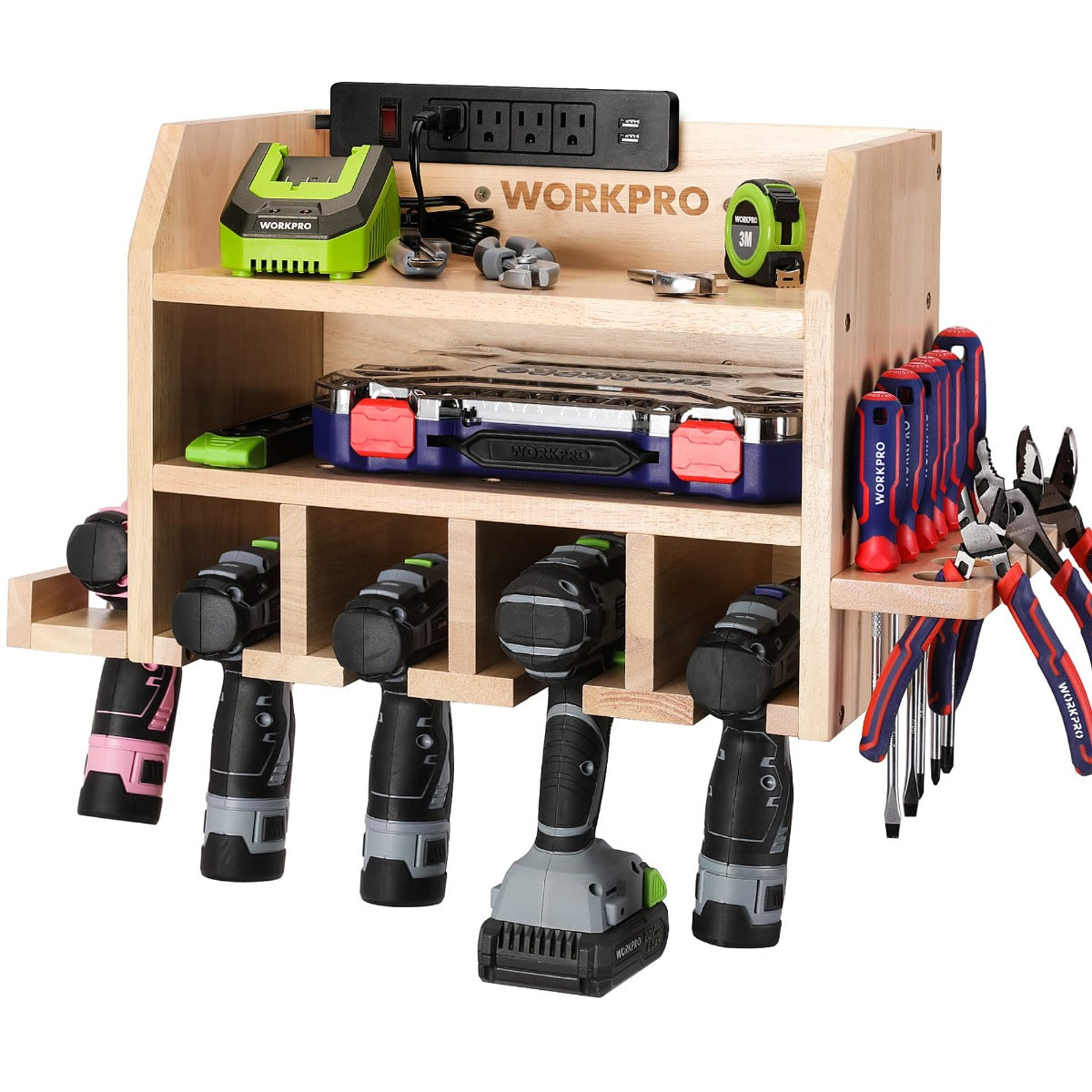 Wooden drill holder organizer with tool shelves and hanging slots for multiple power tools
