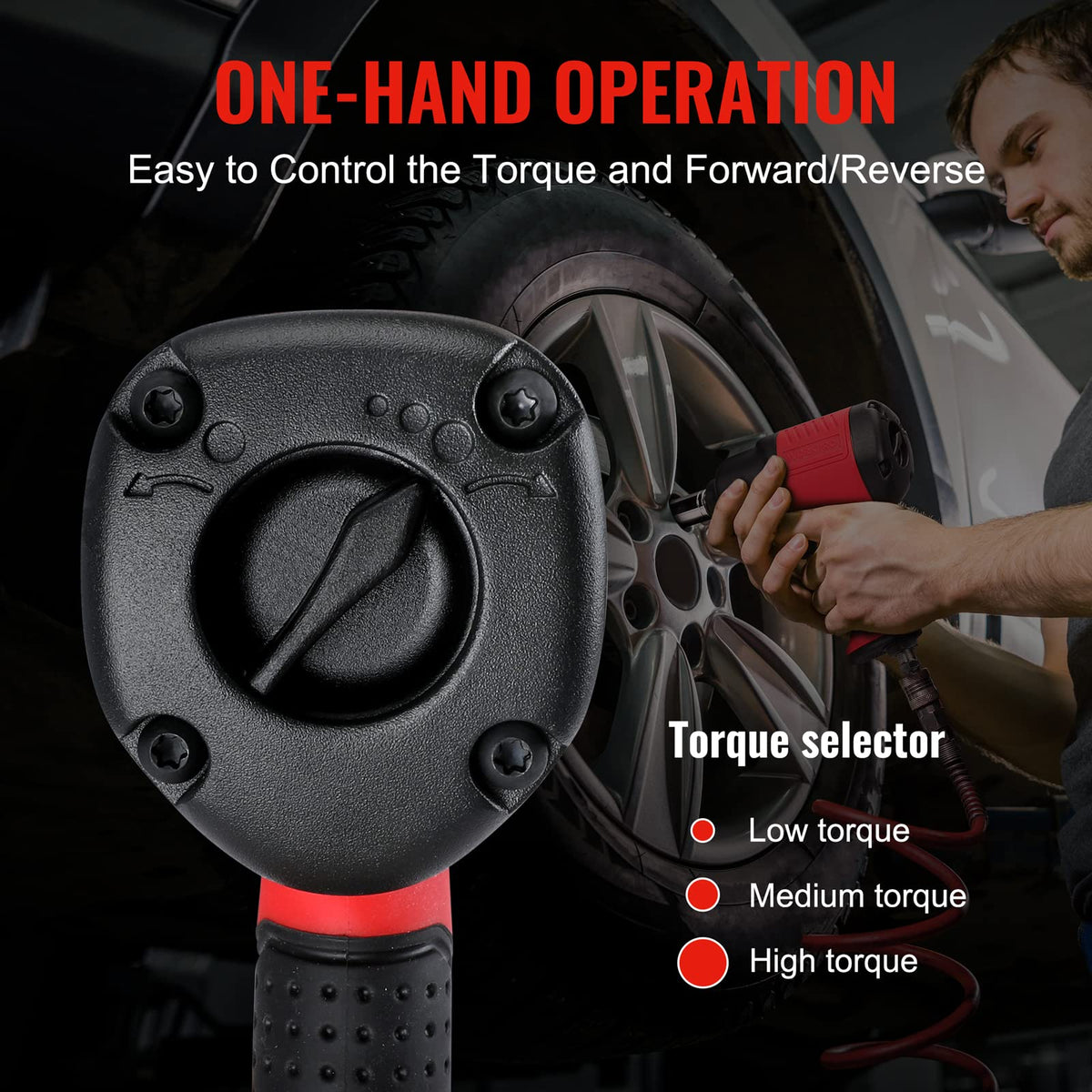 Air impact wrench handle with torque selector for low, medium, and high settings