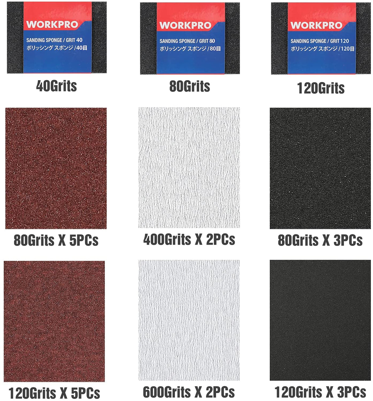 Mixed grit sandpaper assortment with 40, 80, and 120 grit sheets in maroon, white, and black