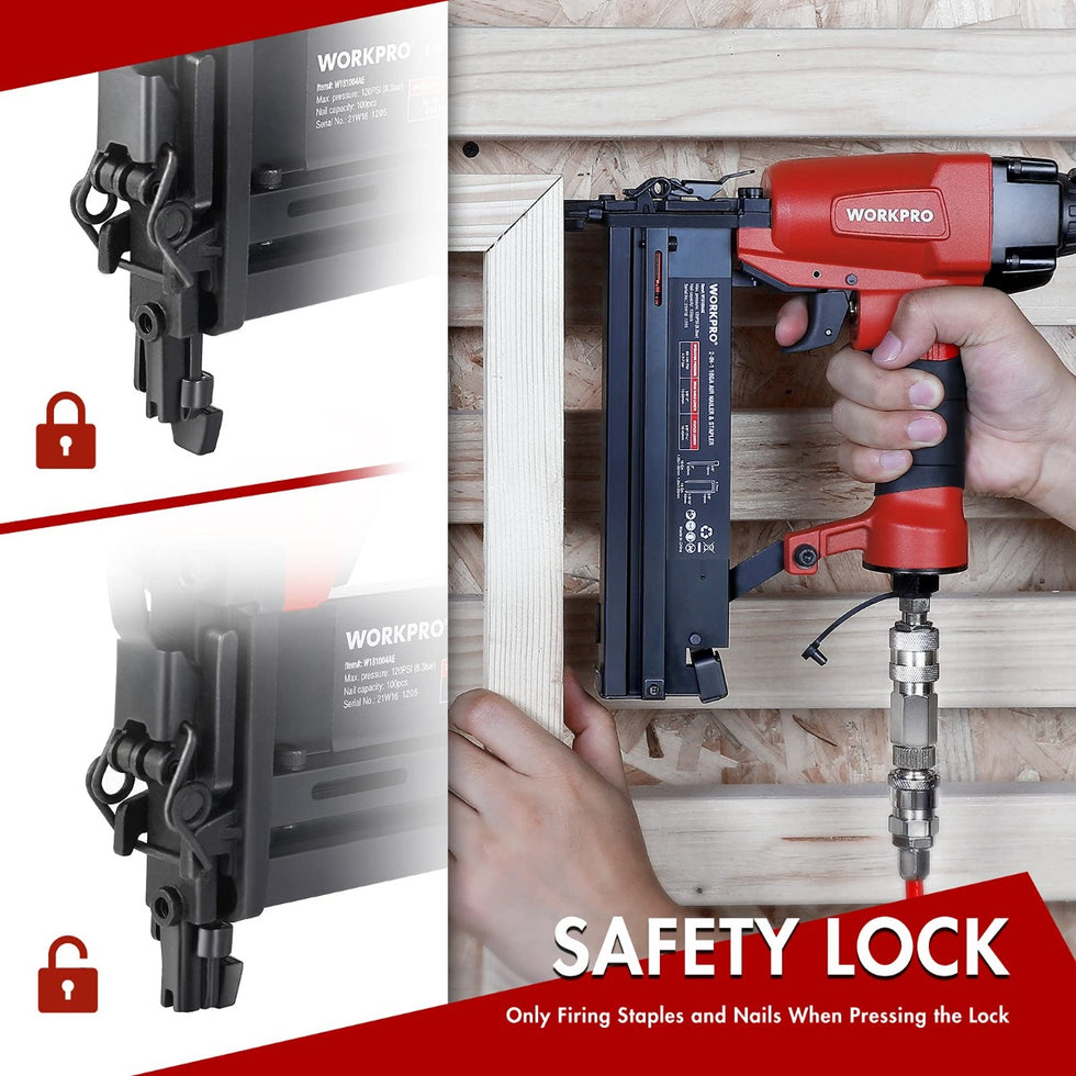 WORKPRO Pneumatic 2 in 1 Brad Nailer with 400pcs Nails/ 300 Pcs Staple ...