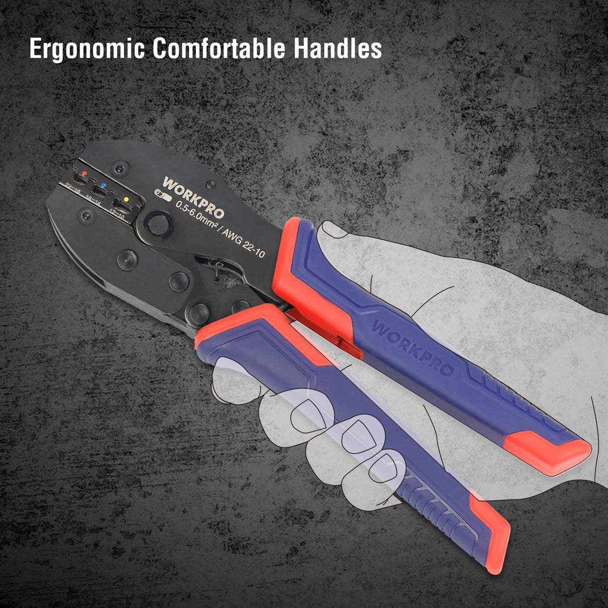 Crimping tool with ergonomic blue and red handles and round terminal crimping dies