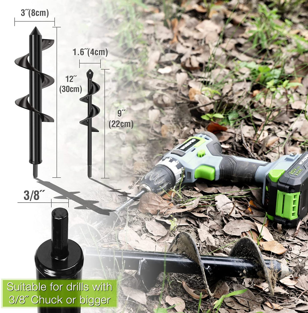 Spiral auger drill bit set with helical screw flights and chuck-compatible shank