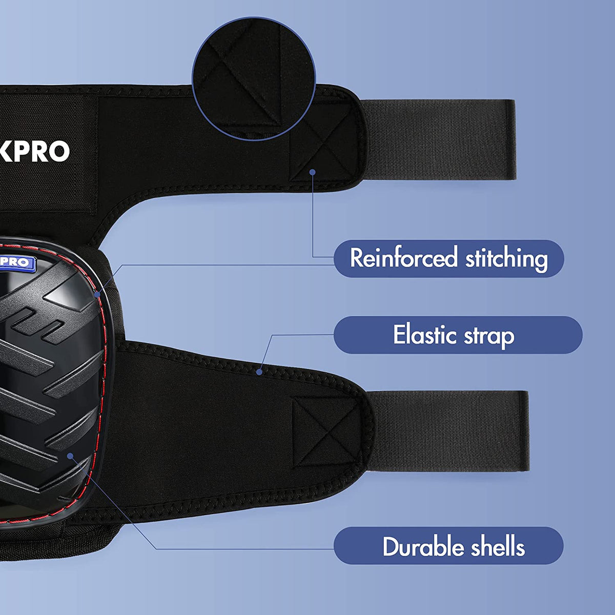 Black knee pad close-up with reinforced stitching and elastic side strap