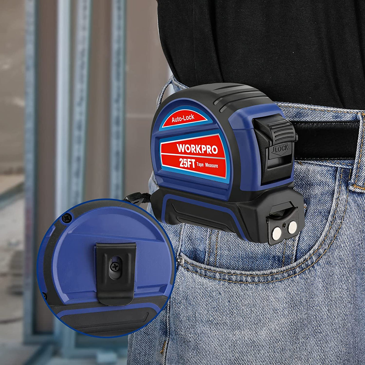 Auto-lock tape measure clipped on belt loop, blue and black case