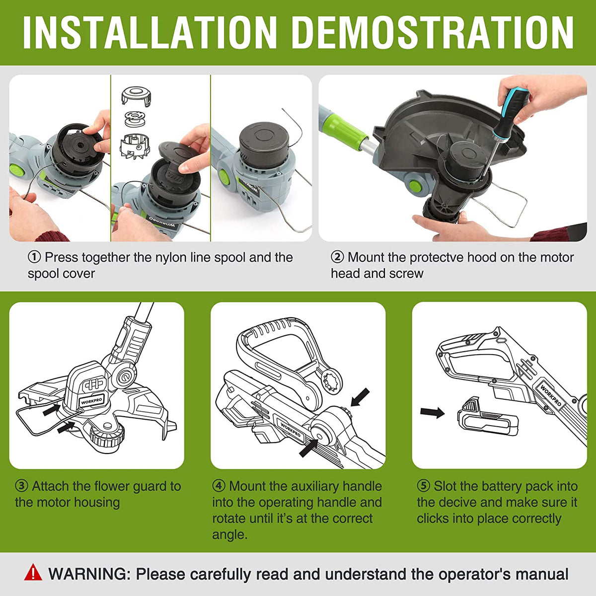 Cordless string trimmer line spool and motor head with protective hood and handle