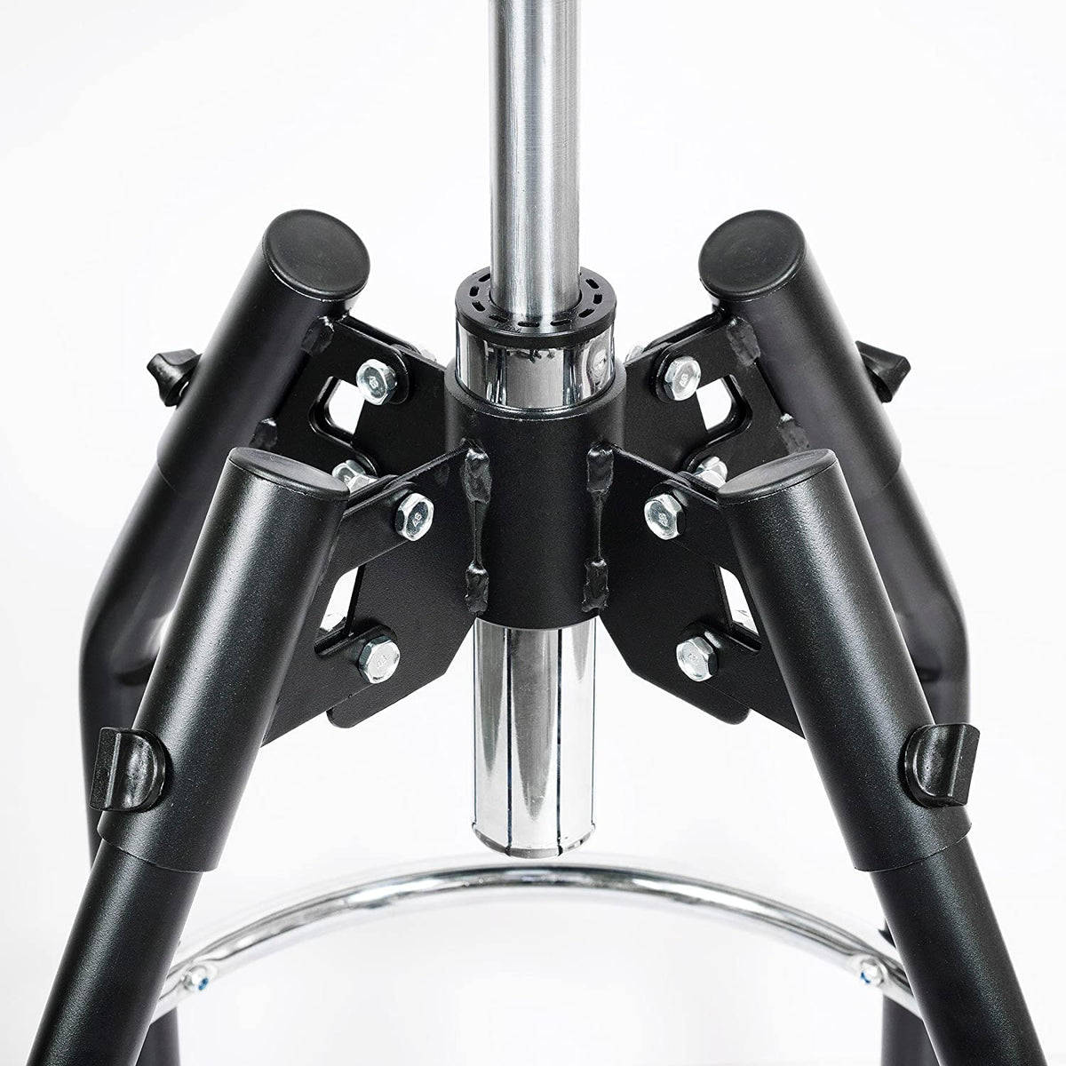 Adjustable hydraulic stool support frame with black legs and central silver hydraulic post