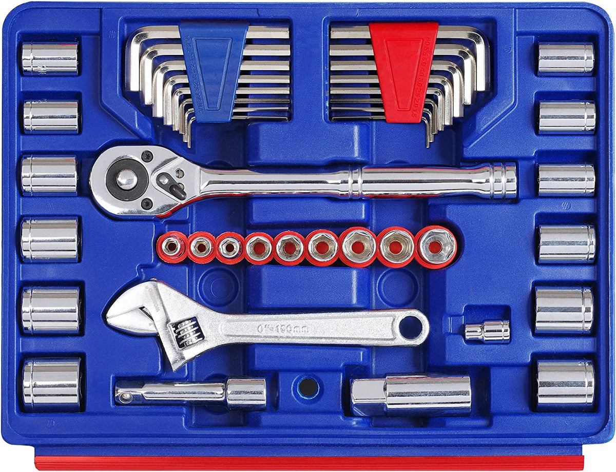 Blue foam tool organizer with hex sockets, wrenches, and adapter bits in case