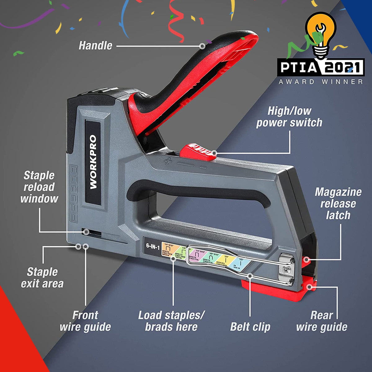 Gray and red staple gun with magazine latch, staple reload window, and exit area