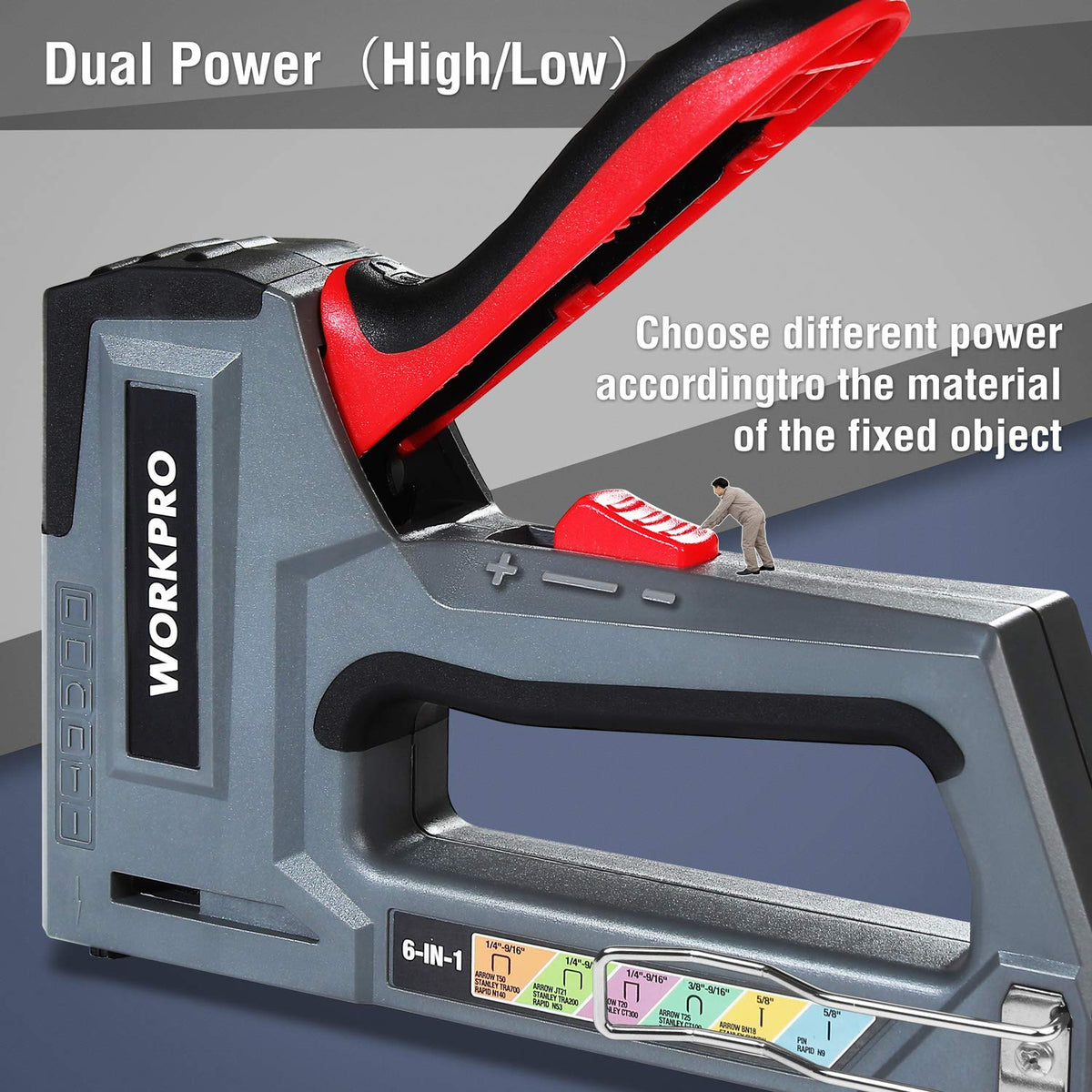 Gray and red staple gun with high/low power switch and adjustable pressure scale