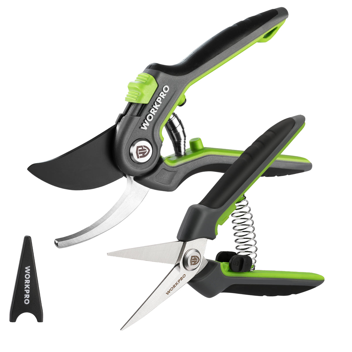 Garden pruning shears set: black and green bypass pruner and straight scissors