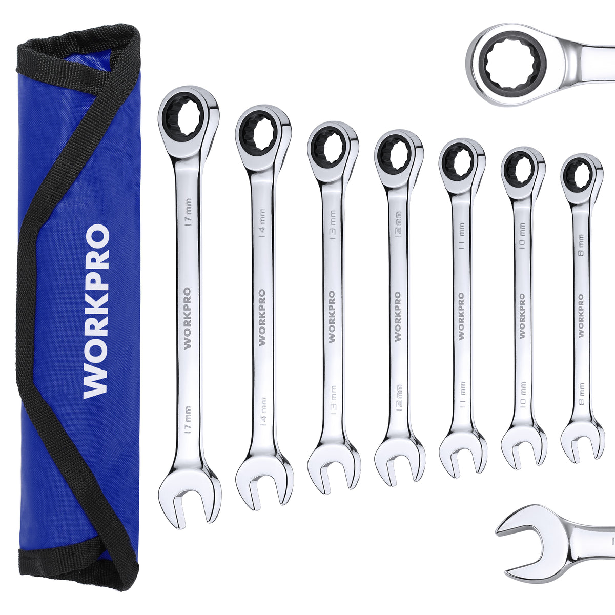 Ratcheting combination wrench set with blue storage pouch and chrome wrenches