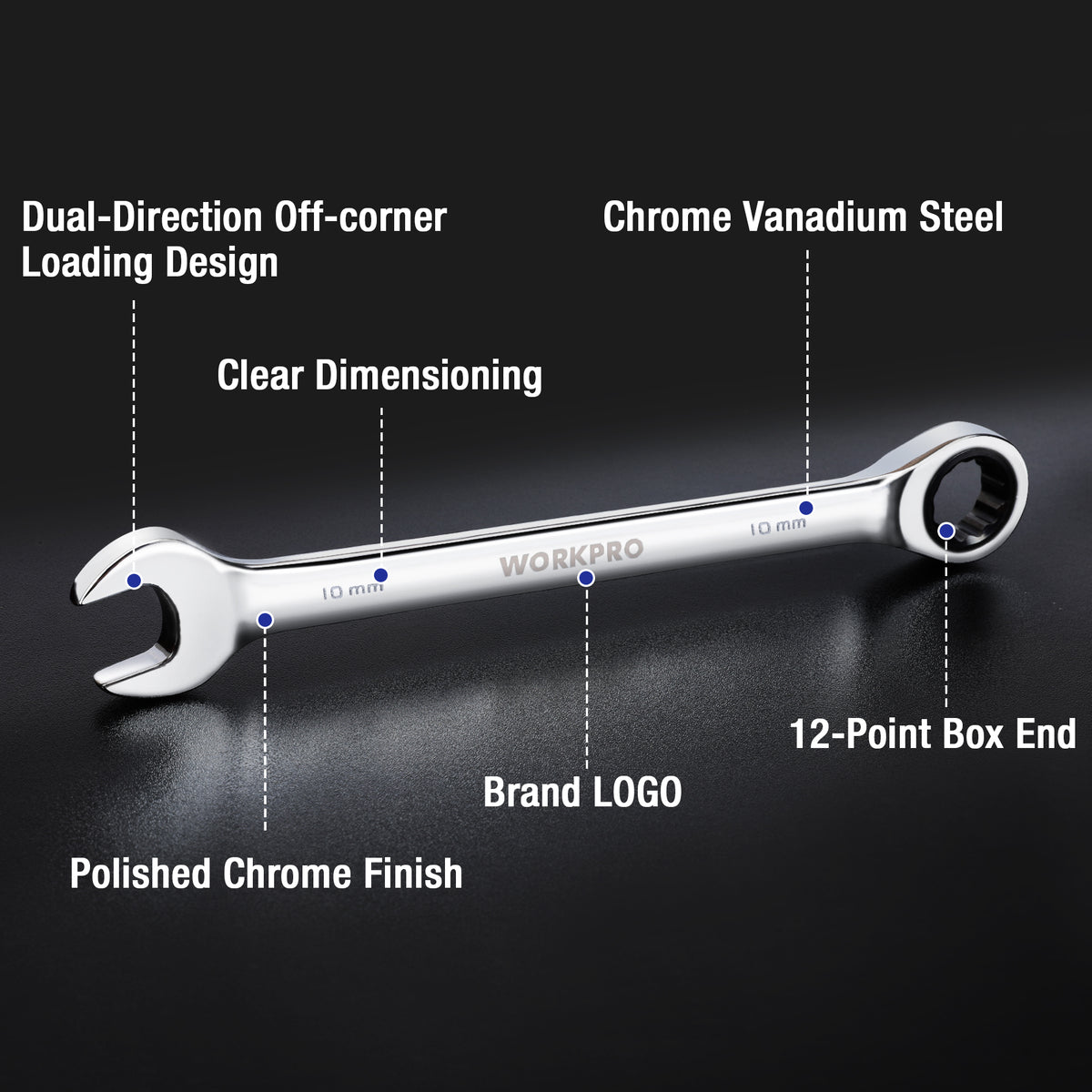 Chrome ratcheting combination wrench with 12-point box end and off-corner jaw