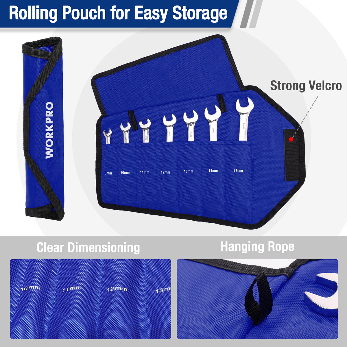 Ratcheting wrench set with rolled blue pouch featuring labeled slots for storage