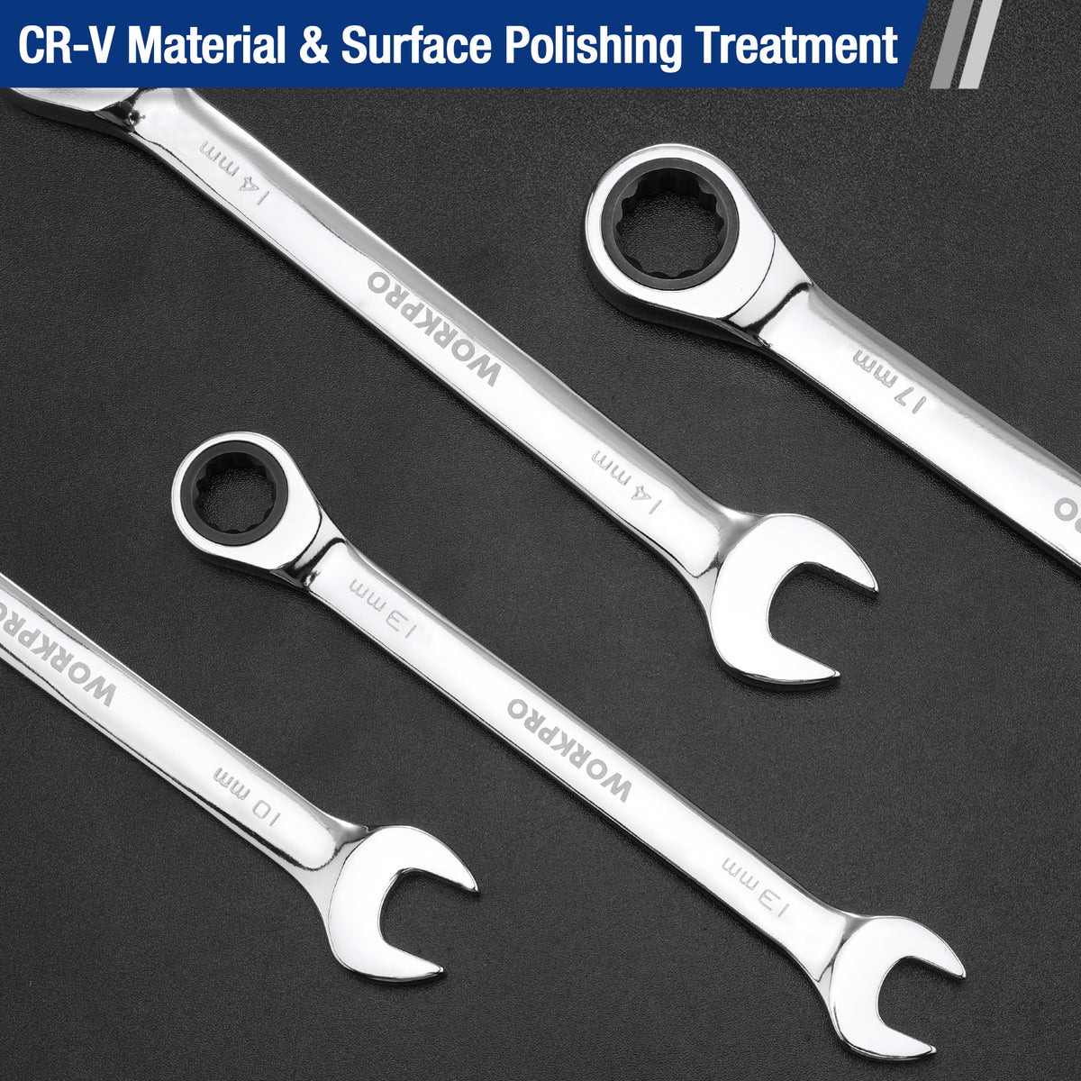 Chrome vanadium steel ratcheting combination wrenches with CR-V marking
