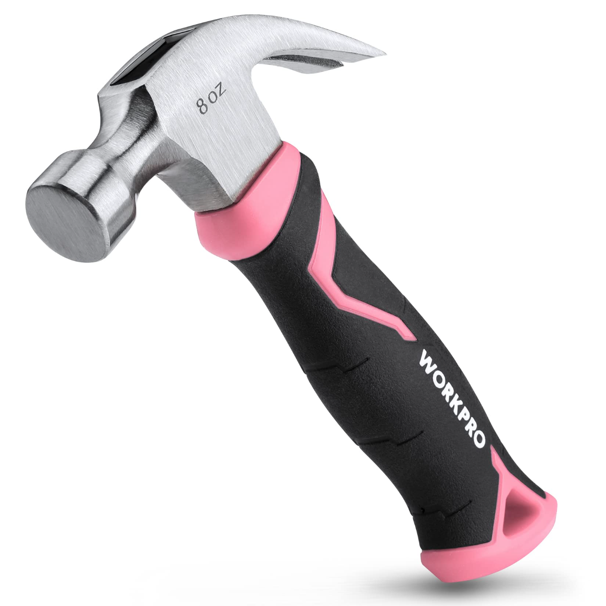 8 oz claw hammer with fiberglass handle, black grip with pink accents and silver head.