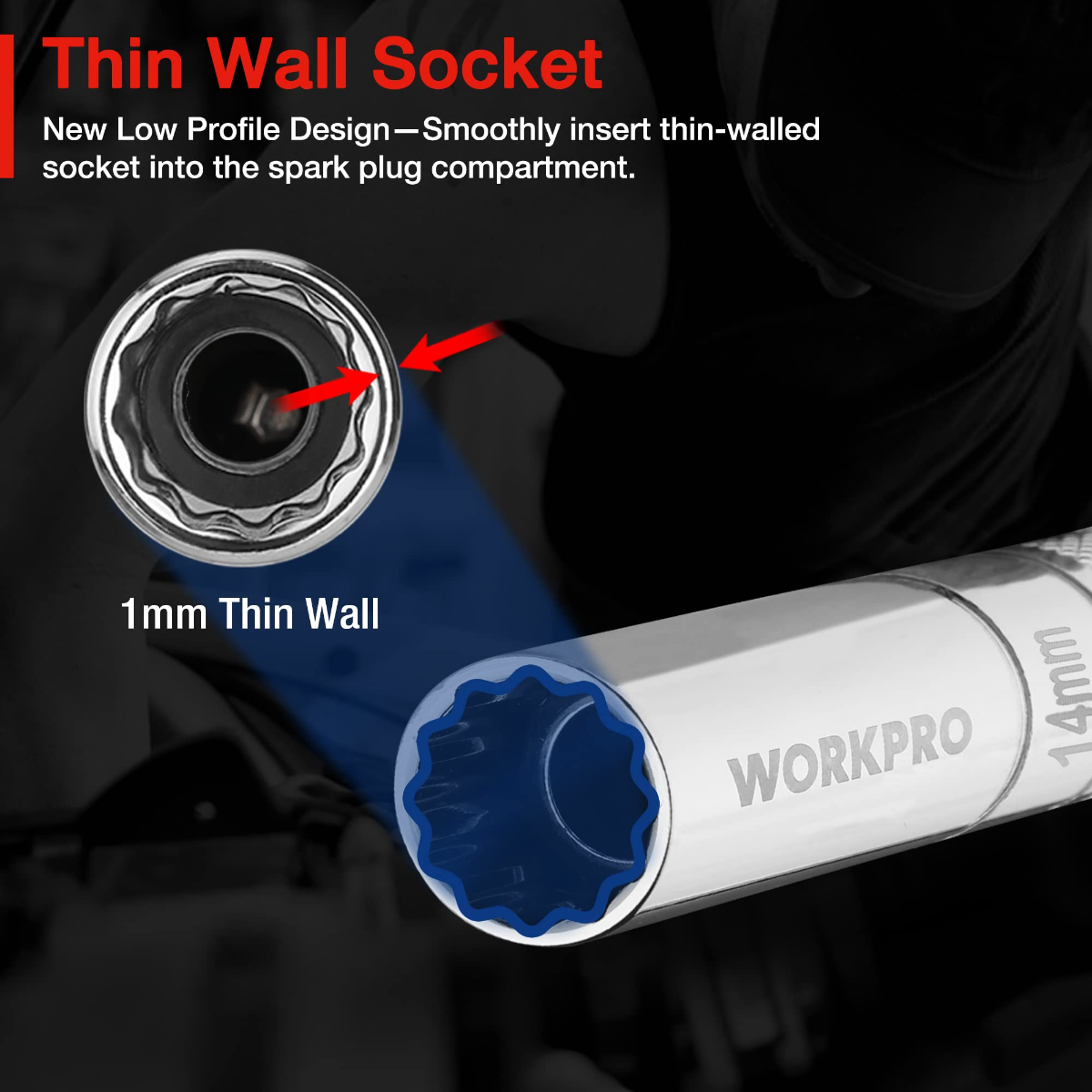 Thin-wall 1mm socket end for spark plugs, magnetic 14mm 3/8" drive extension, chrome
