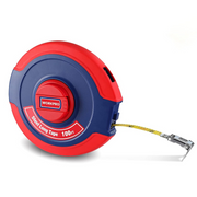 Closed reel tape measure with red and blue case, yellow steel measuring tape