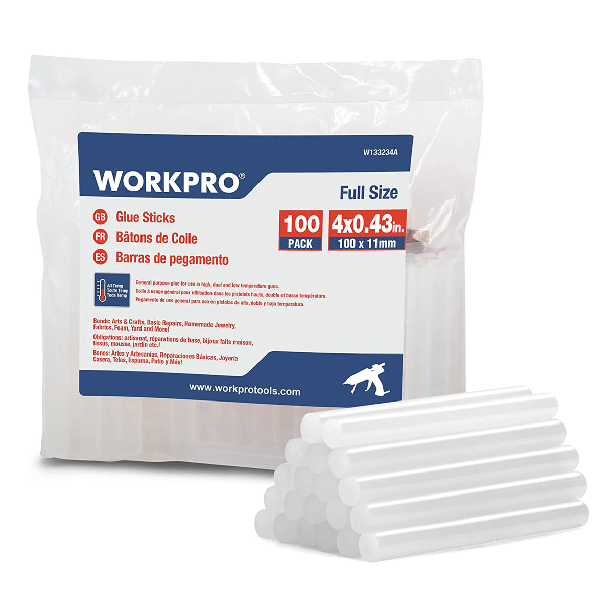 WORKPRO white hot glue sticks, full size 4x0.43 in, 100-pack in plastic bag